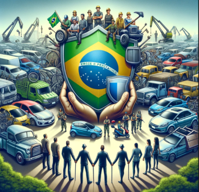 A imagem foi criada para representar visualmente os desafios enfrentados pelas associações de proteção veicular no Brasil, ilustrando a jornada turbulenta dessas entidades em um ambiente cheio de incertezas regulatórias, competição acirrada e desafios operacionais, simbolizados pela cena de uma pequena embarcação navegando em mares tempestuosos. Esta metáfora reflete a resiliência dessas associações diante das adversidades, ancorada no contexto brasileiro através da presença sutil da bandeira nacional.